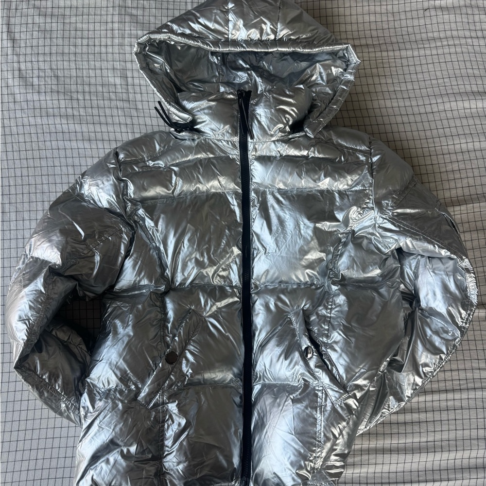 Silver Puffer Jacket with Hood